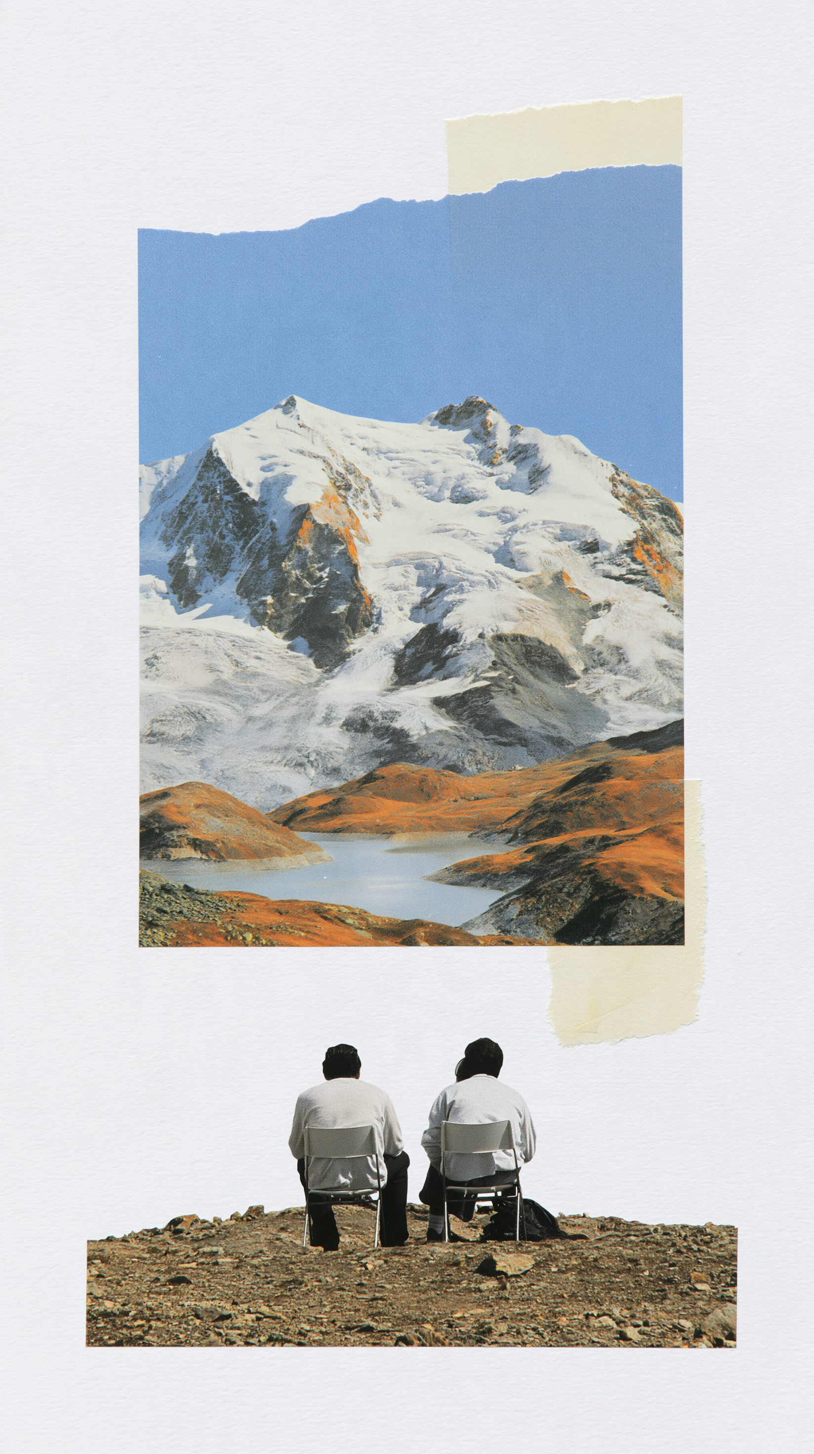 a mountain with a lake, one couple in front of…