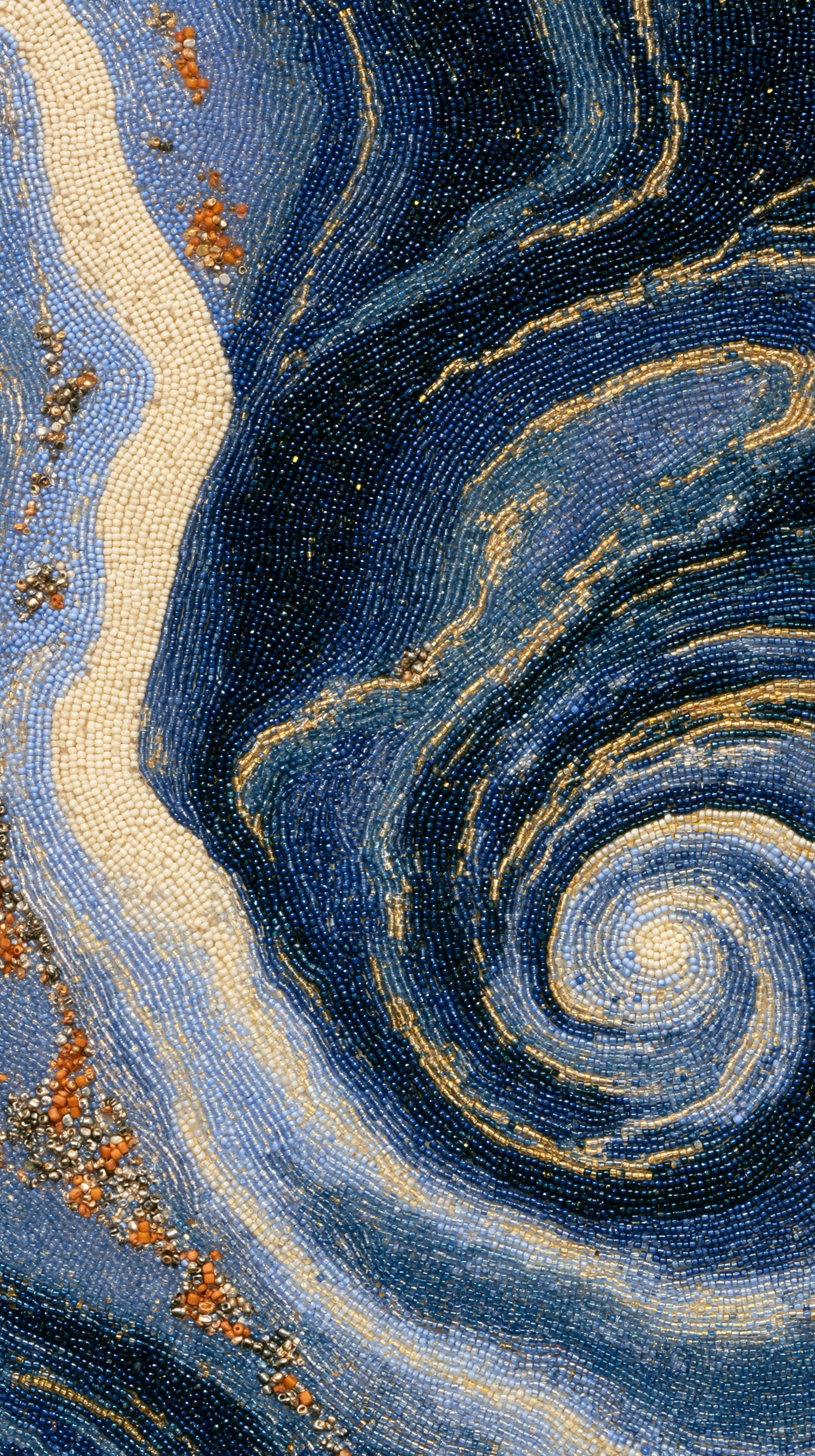 a dense mosaic of tiny glass seed beads arranged in a swi...