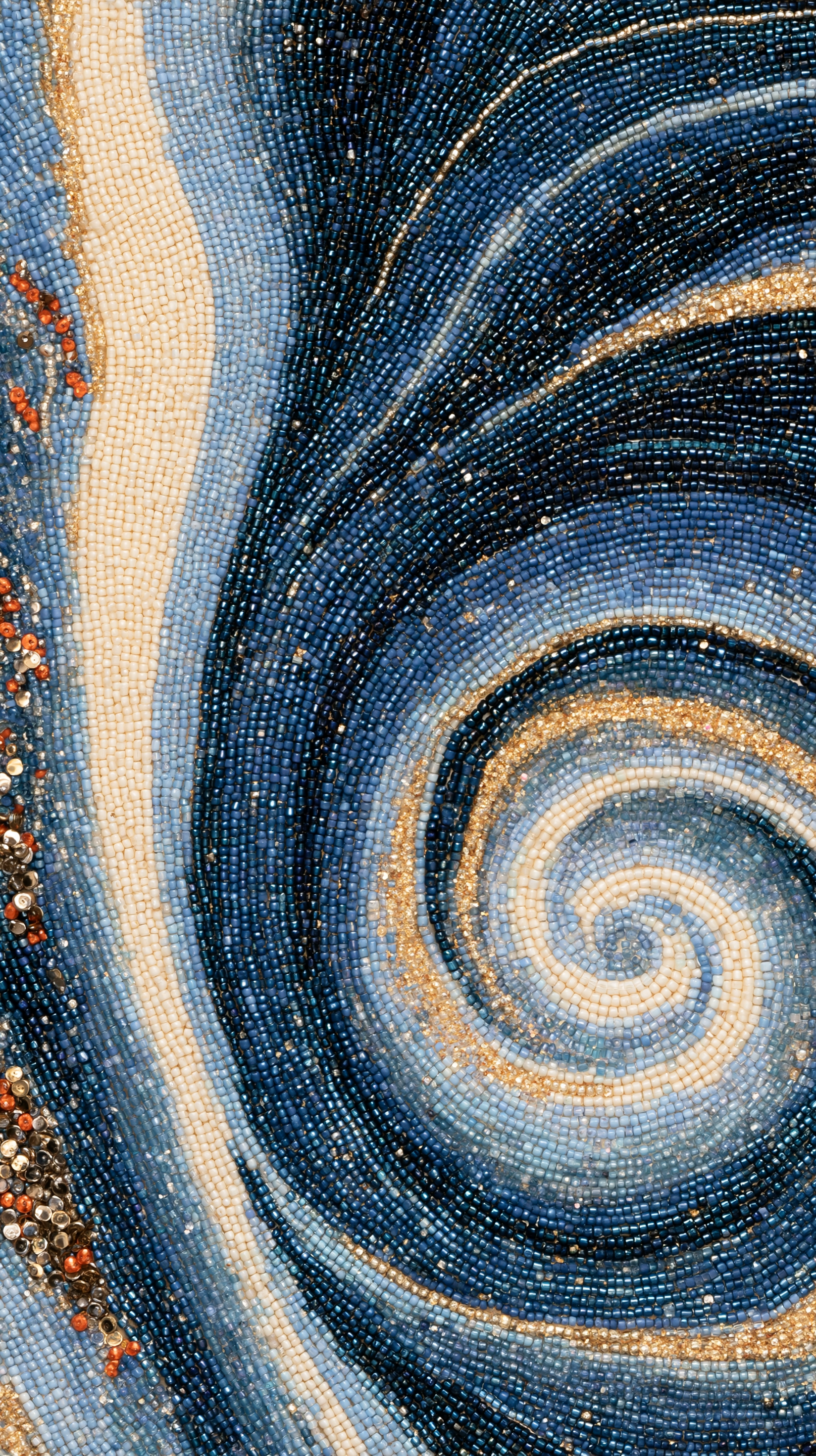 a dense mosaic of tiny glass seed beads arranged in a swi... - alternate