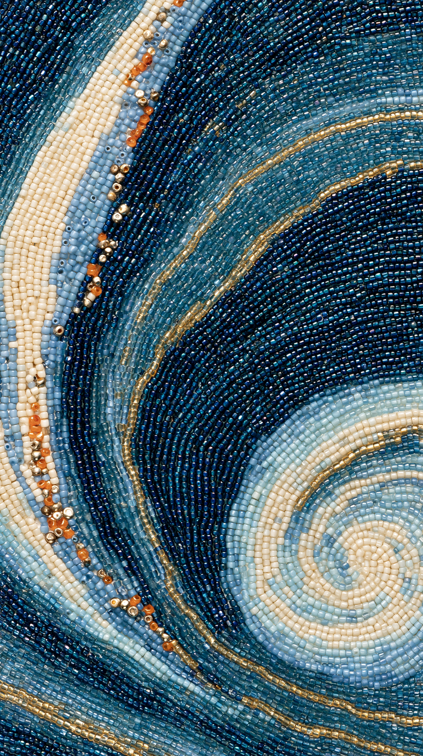 a dense mosaic of tiny glass seed beads arranged in a swi... - alternate
