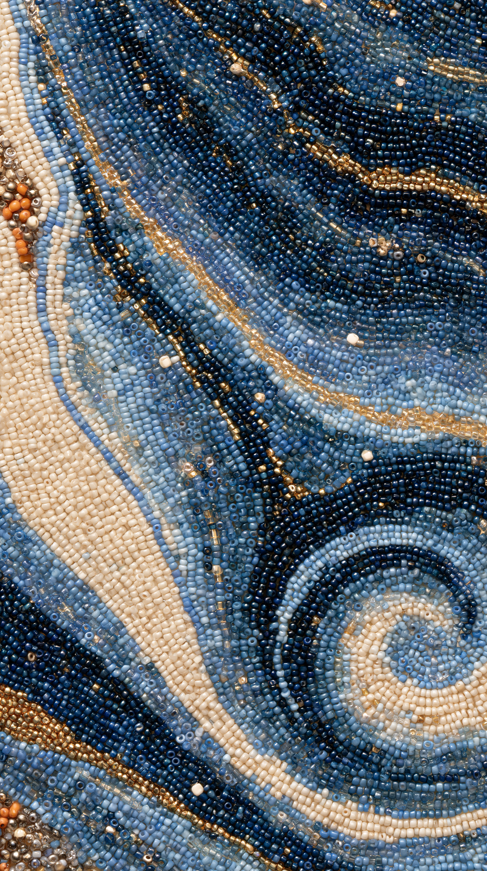 a dense mosaic of tiny glass seed beads arranged in a swi... - alternate