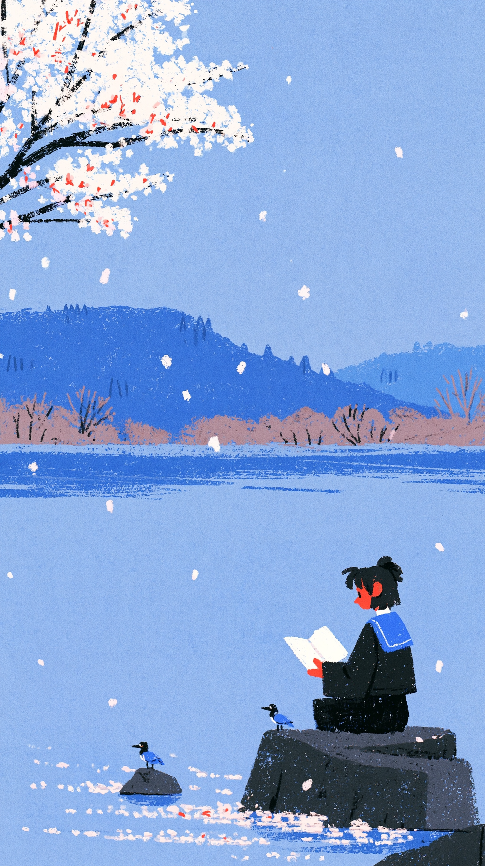 a woman reading a book by a lake - alternate