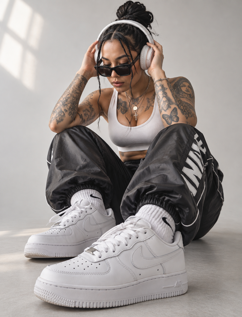 A tattooed young woman sits in a compact crouch, adjustin...