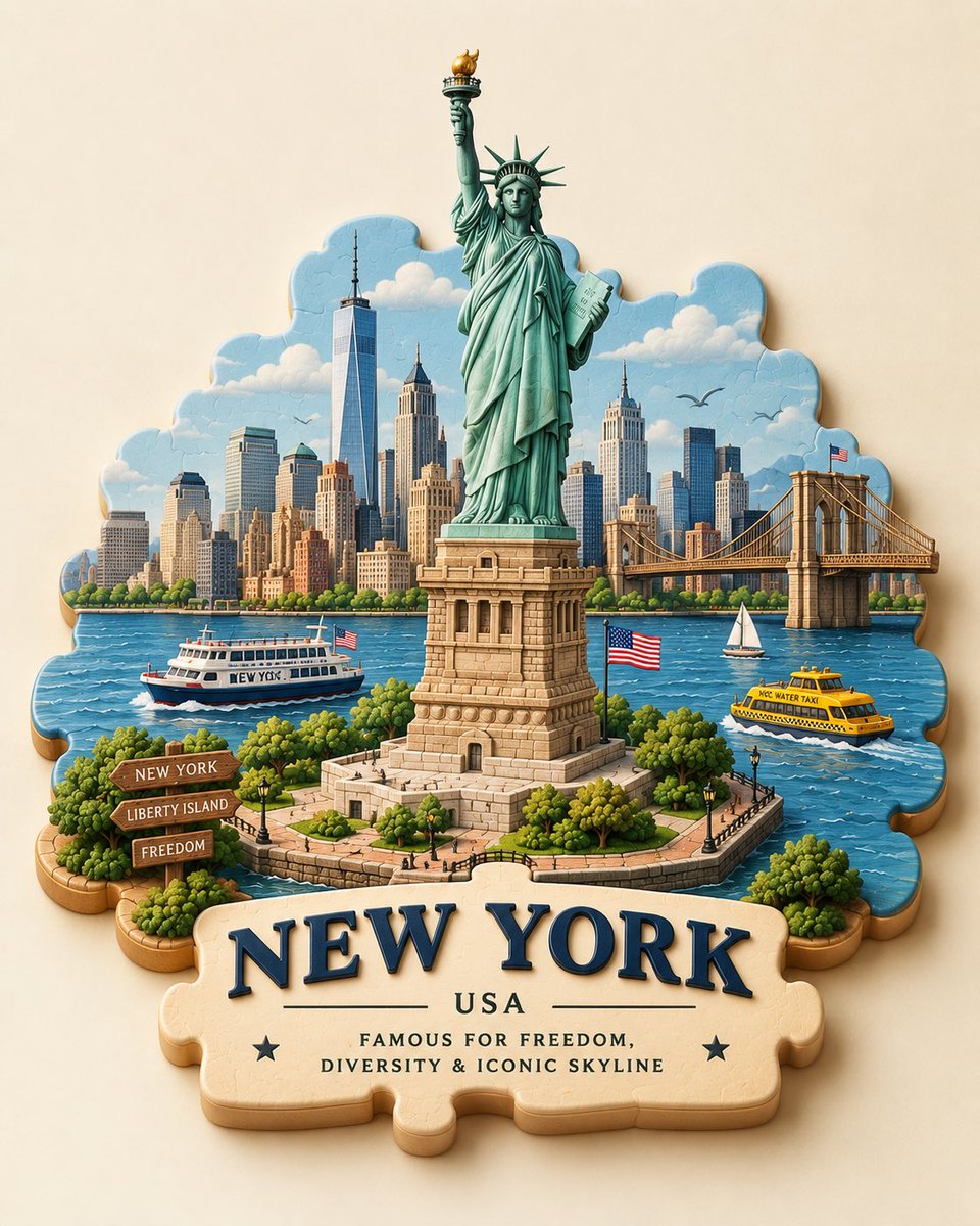 Create a charming 3D puzzle-piece travel scene of [City],...