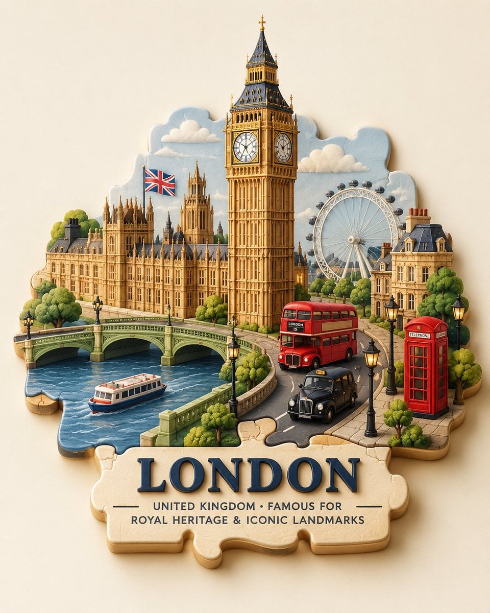Create a charming 3D puzzle-piece travel scene of [City],... - alternate