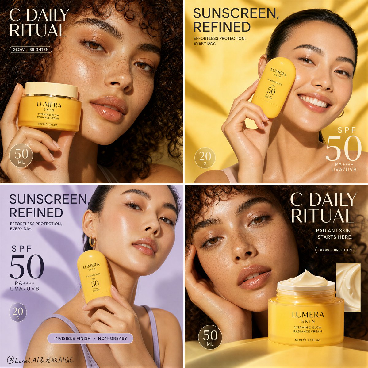 Create a Cannes-level premium four-panel skincare campaig...