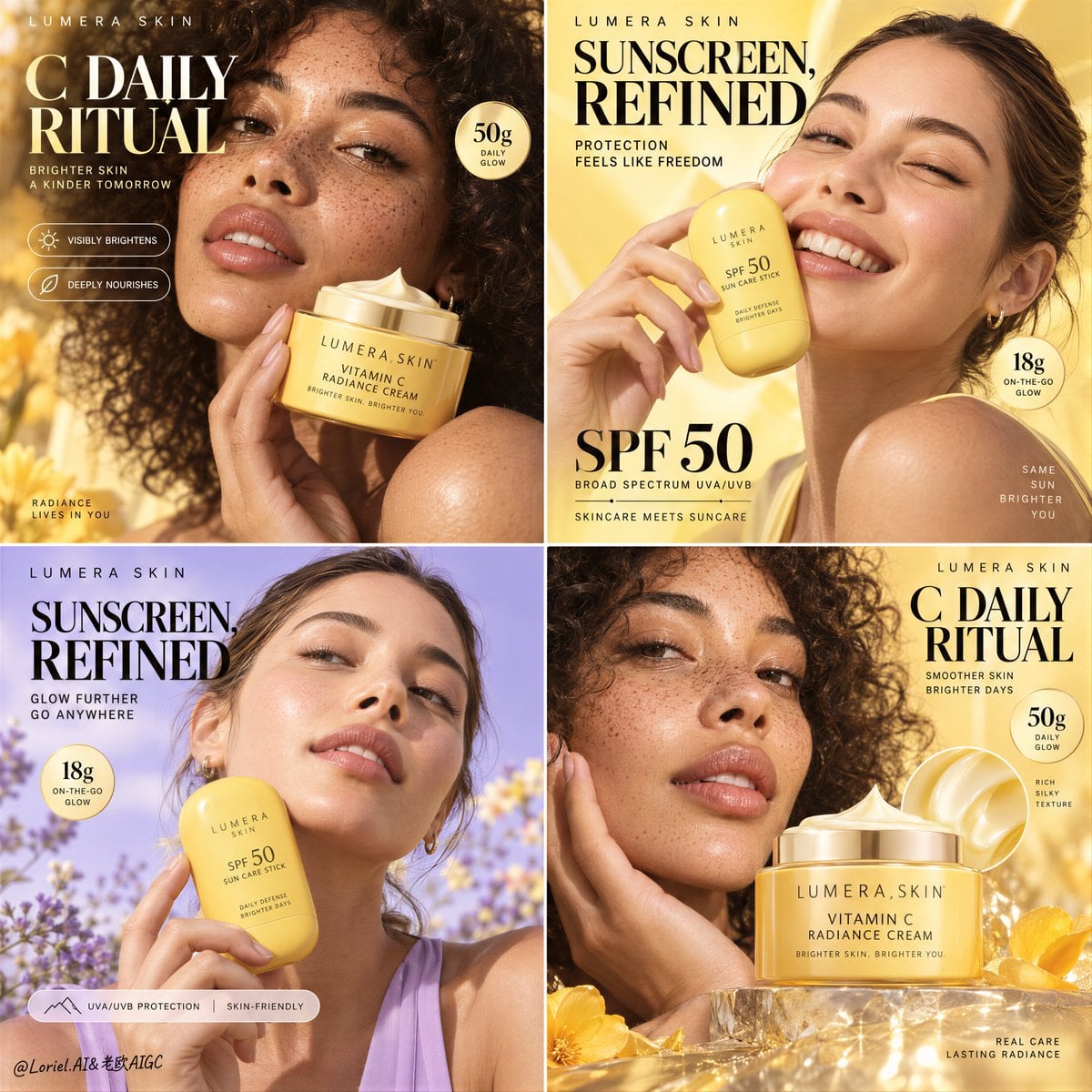 Create a Cannes-level premium four-panel skincare campaig... - alternate