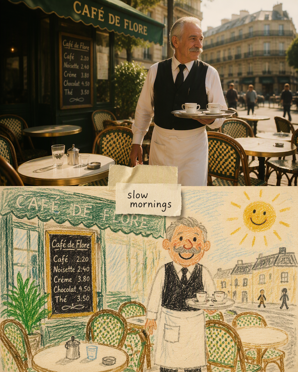 A split-layout artwork divided horizontally into two equa...