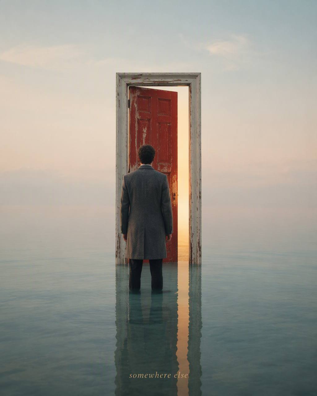 Surreal minimal photograph. A lone weathered red wooden d...