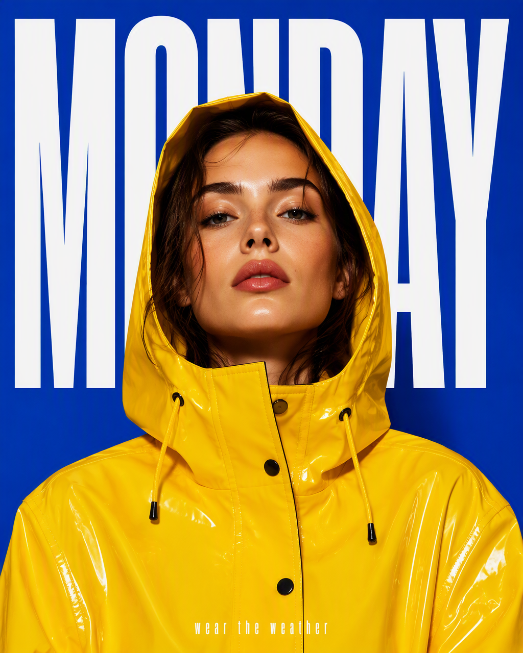 Editorial fashion poster. A young woman with glowing skin...