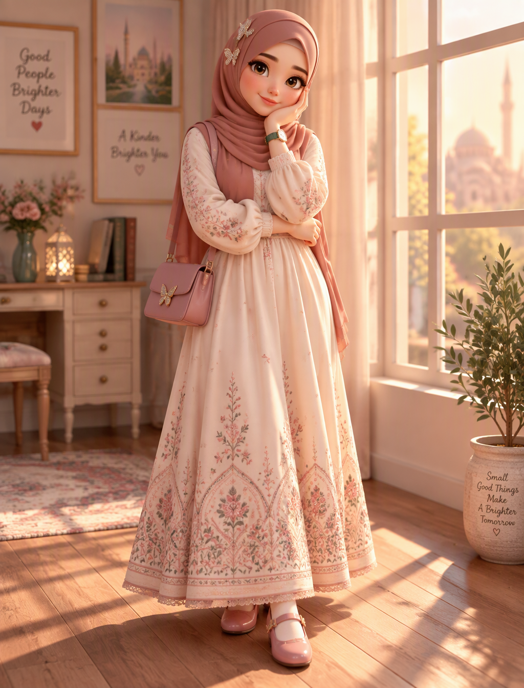 A charming stylized 3D girl stands indoors beside a large...