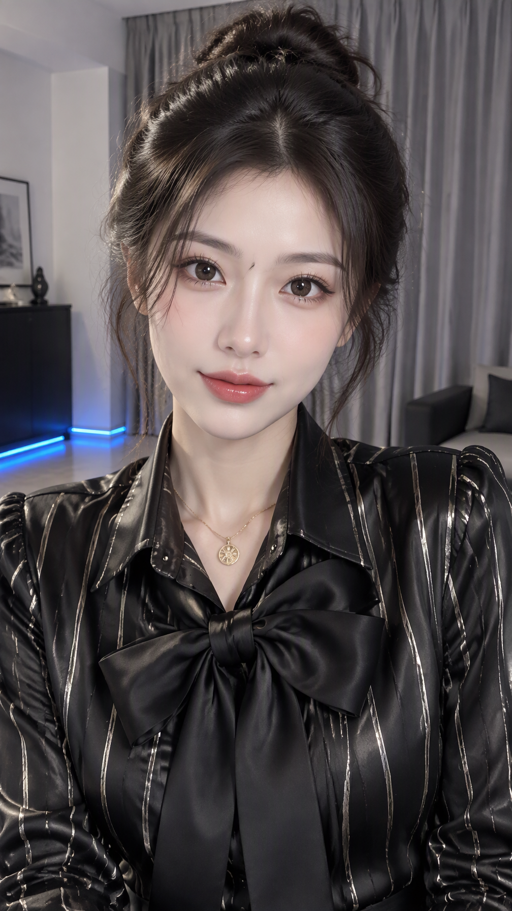 一位仪态优雅的年轻女子以竖版特写姿态入镜,面带从容神情直视镜头,乌黑秀发高高挽起,略显松散的发髻间点缀着几缕轻盈的...