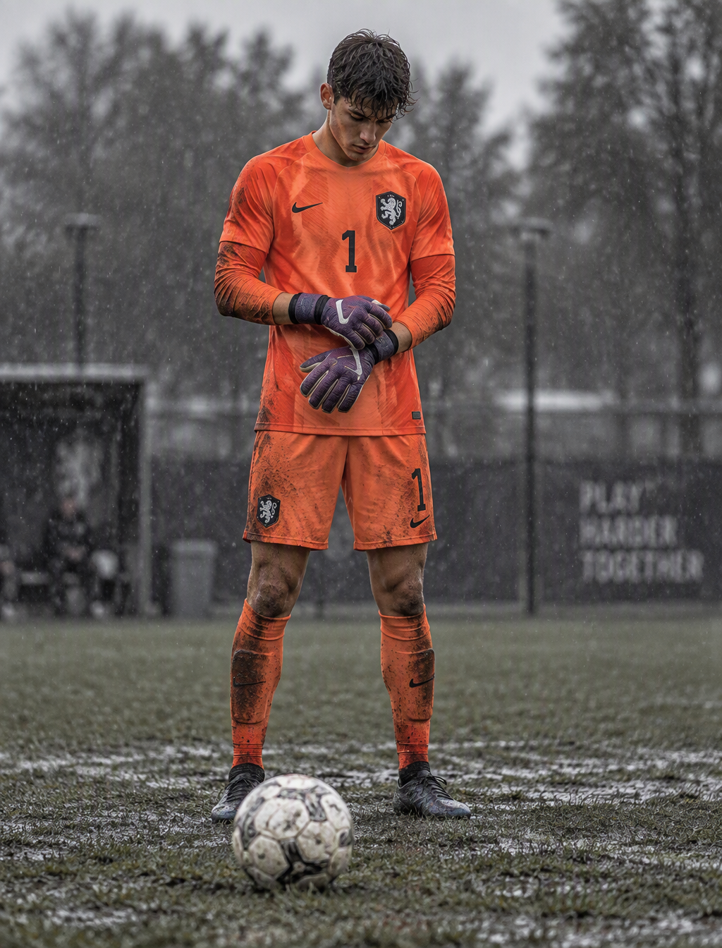 A young soccer goalkeeper stands on a rain-soaked grass p...