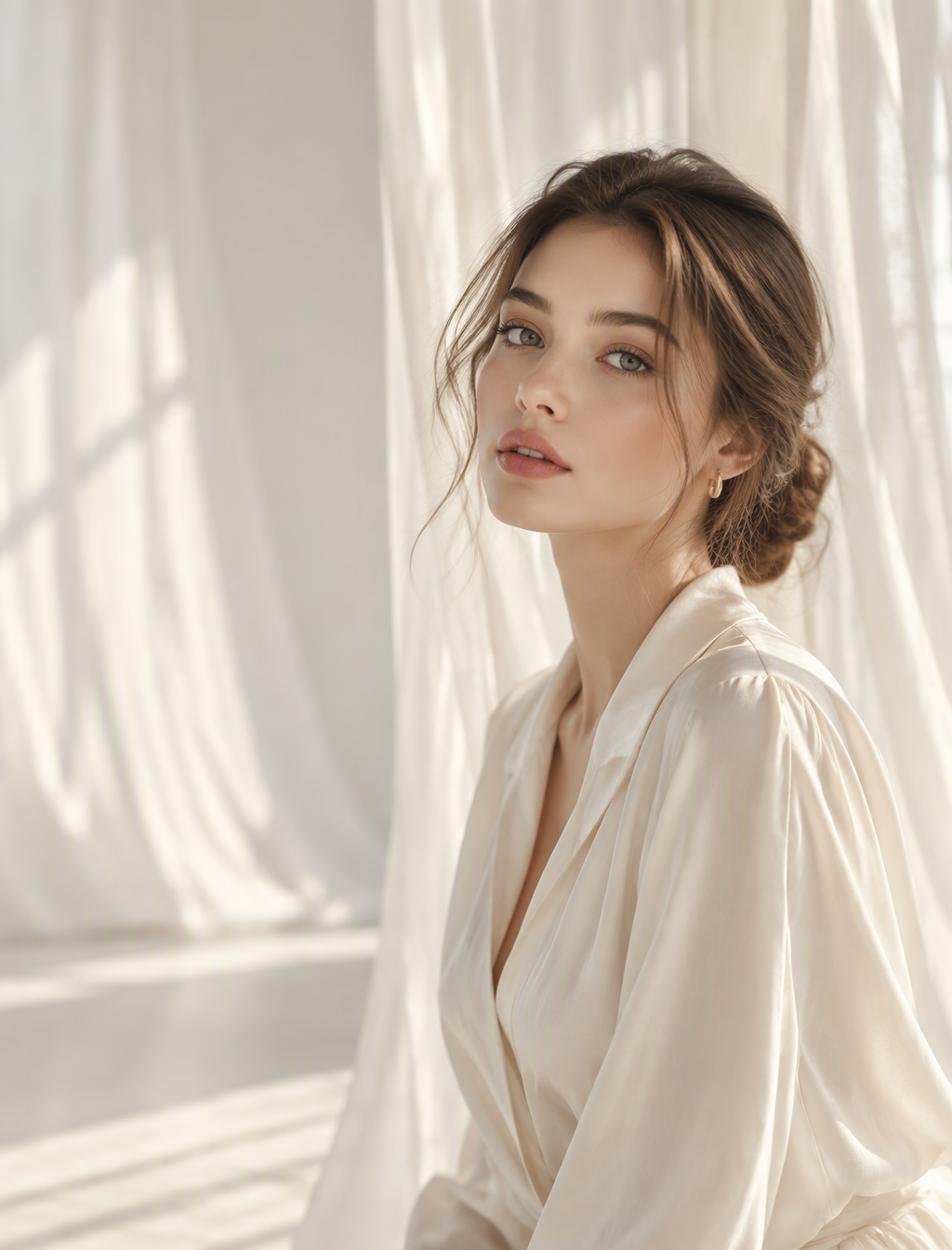 A beautiful 23-year-old woman with luminous ivory skin, g...