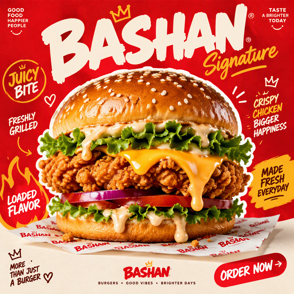 Create a trendy 1:1 premium promotional poster for "Basha...