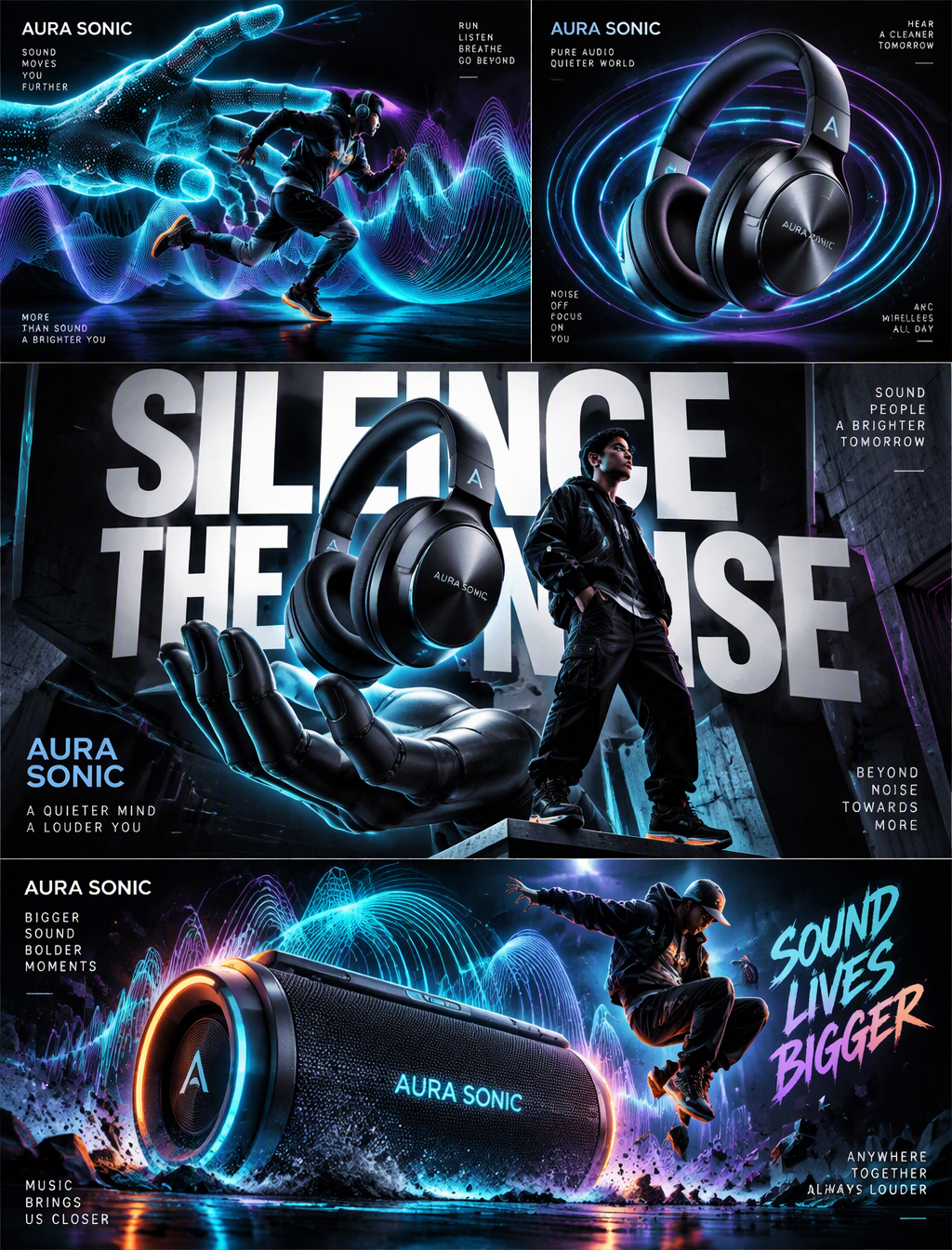 ### 智能音频品牌“AURA SONIC”多画幅插画海报设计提示词# 视觉风格与全局构图 (Visual Sty...