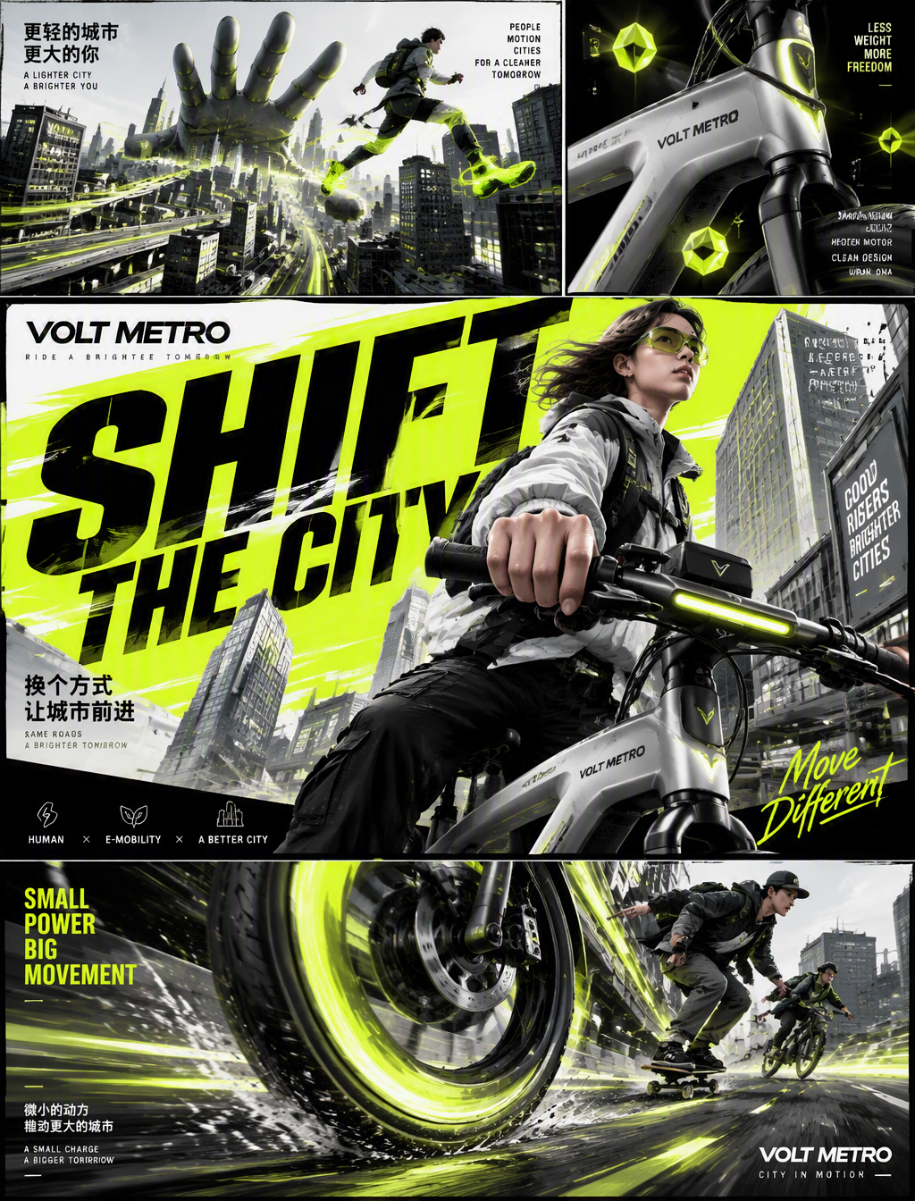 ### 城市轻行微动力品牌“VOLT METRO”多画幅插画海报设计提示词# 视觉风格与全局构图 (Visual ...
