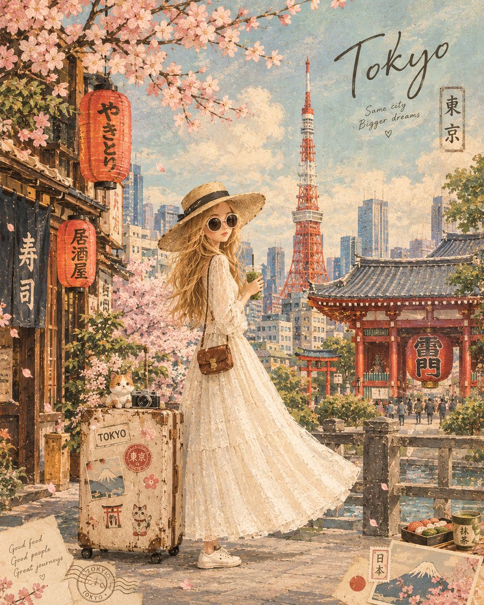 Create a whimsical vintage travel illustration featuring ...