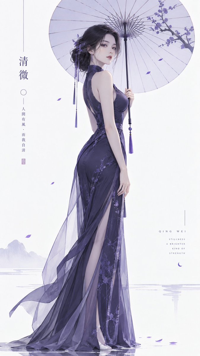 主体内容：一位明确成年的东方女性单手持一把极简纸伞，身体轻微侧身站立，另一只手自然垂落在裙侧