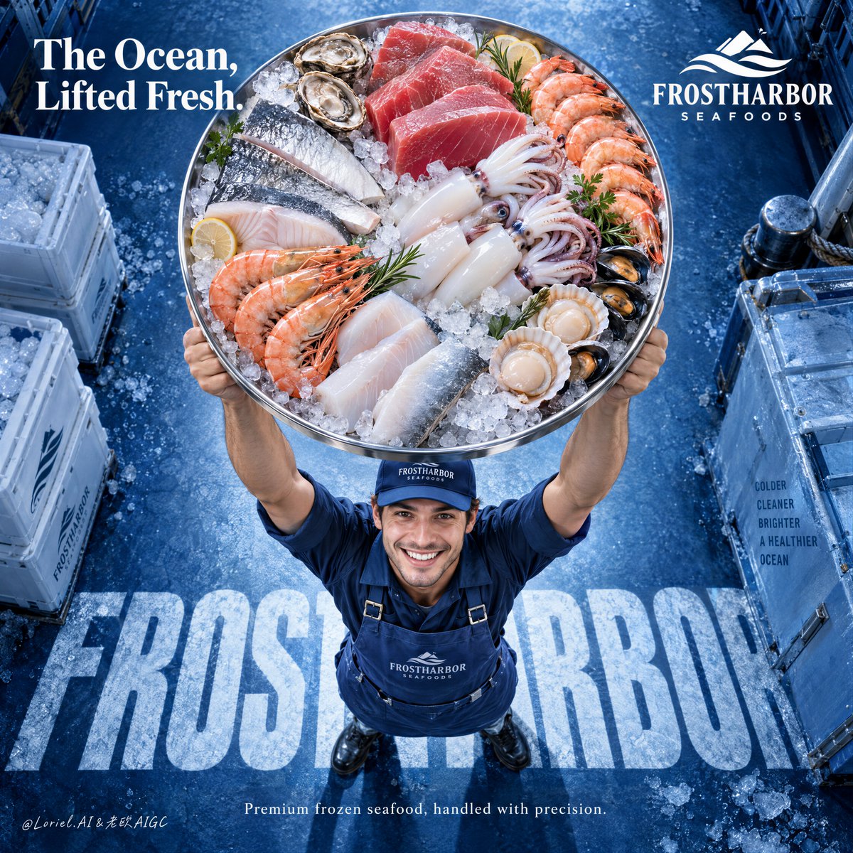 Create a premium frozen seafood advertising poster for a ...