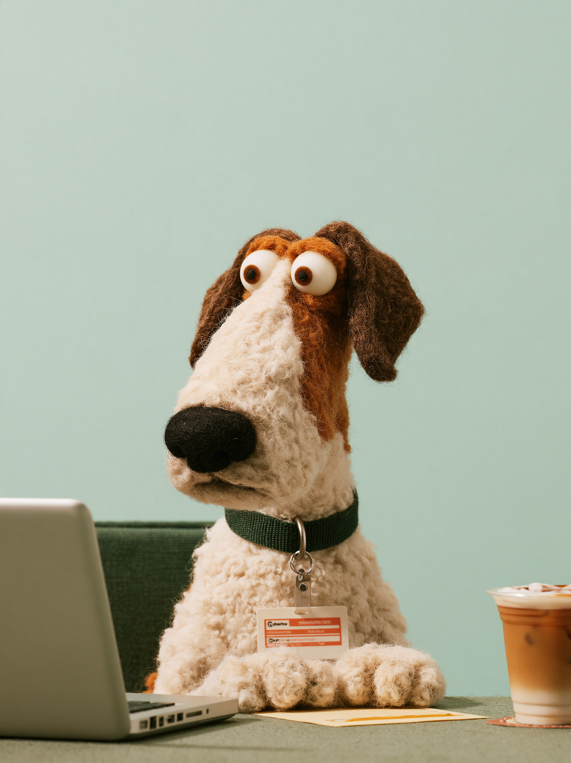 stop-motion felt puppet dog sitting at an office desk exp...