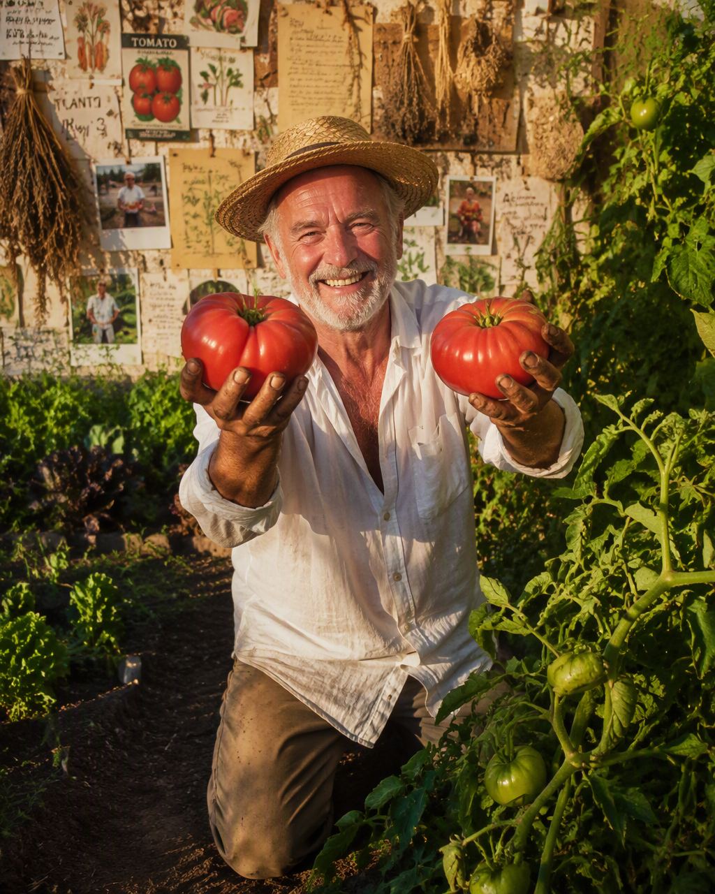 An older man with sun-weathered skin, a white linen shirt...