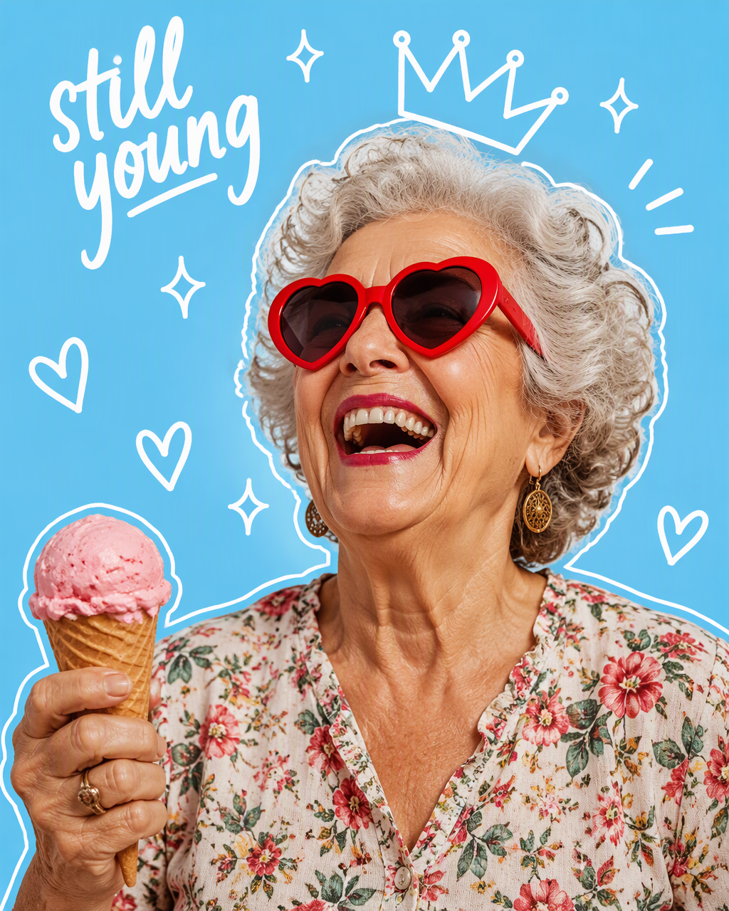 Mixed-media lifestyle image. A joyful grandmother with si...