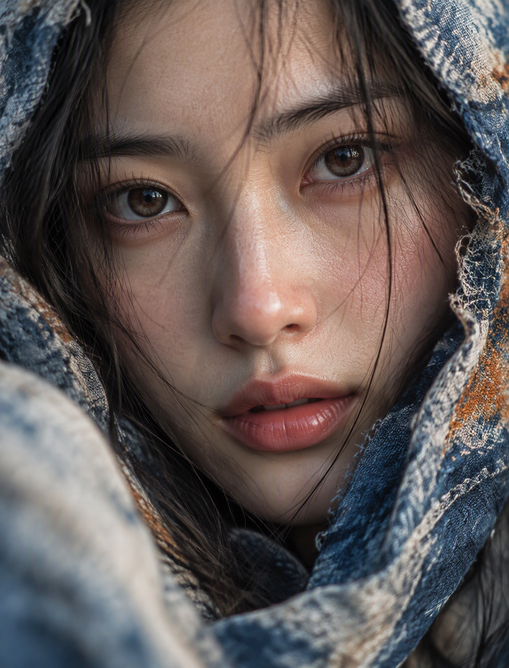 创建一个超现实的垂直4:5一个漂亮的亚洲美女特写肖像，从非常近的距离拍摄。脸几乎占据了整个画面，只有周围织物和衣服...
