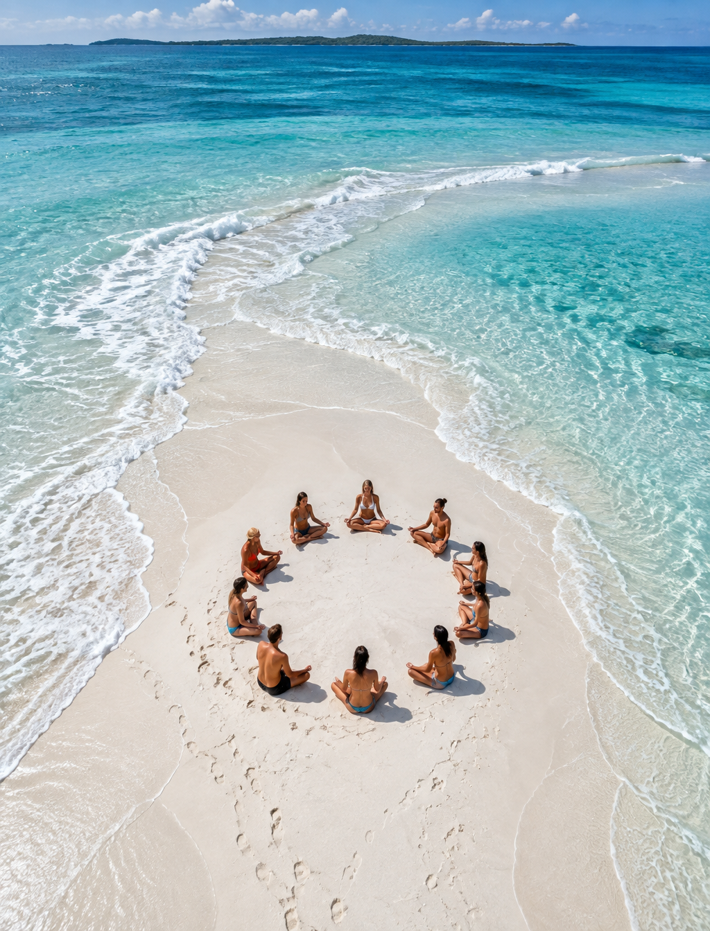 A group of beachgoers sits cross-legged in a loose medita...