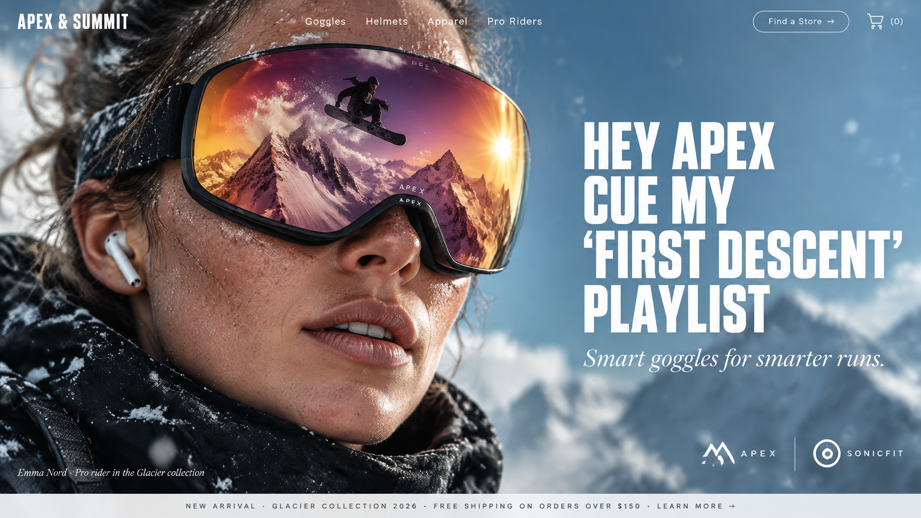 Horizontal desktop landing page hero section for a fictio...
