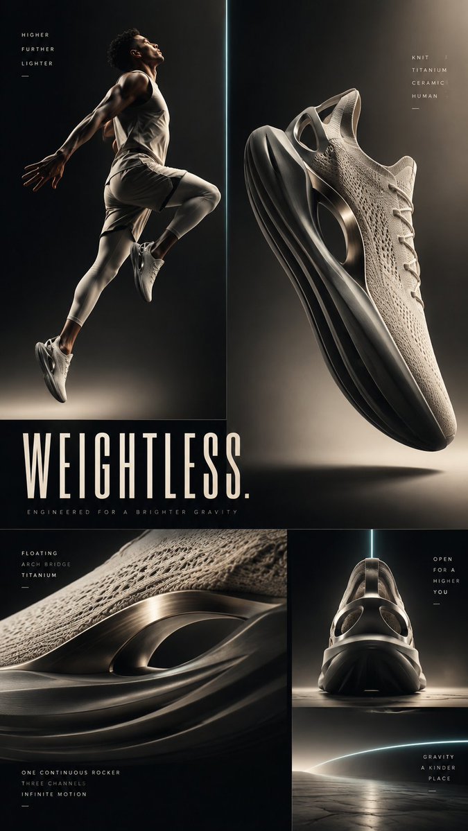 Create a premium future-sport editorial footwear concept ...