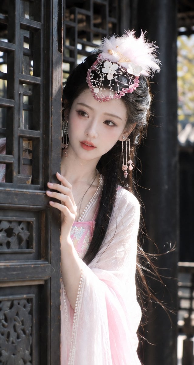 3:4,自然光数码古装写真,粉白古装 × 深色木质回廊 × 强烈庭院日光 × 高光溢出 × 深暗背景 × 清甜灵动 - alternate