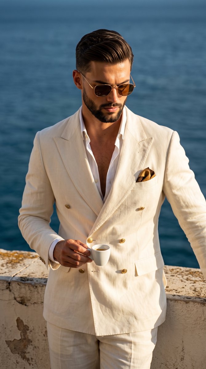 A muscular adult male exudes sophisticated masculine eleg...