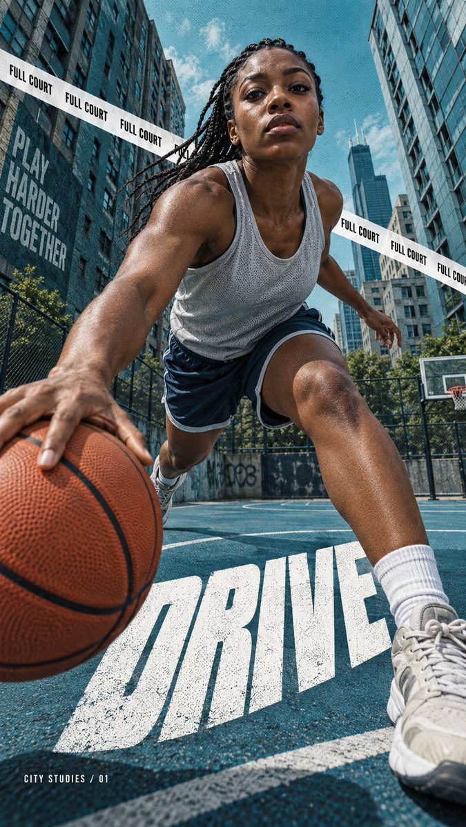 Create a full-bleed urban sports editorial poster, 9:16.