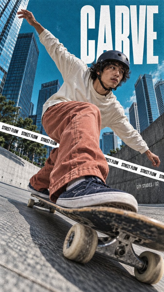 Create a full-bleed urban sports editorial poster, 9:16. - alternate