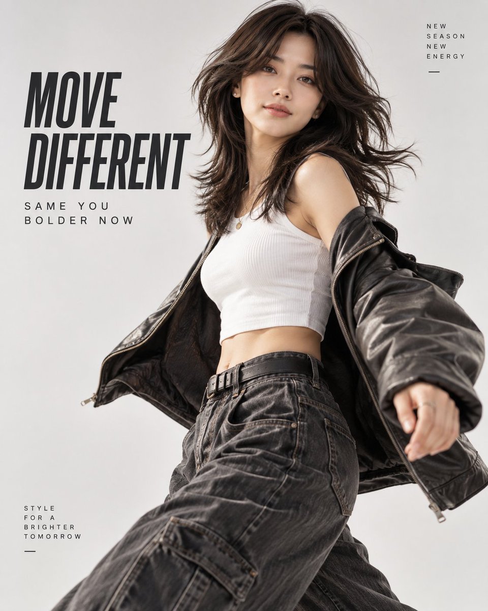 Create an energetic fashion advertisement featuring a sty...