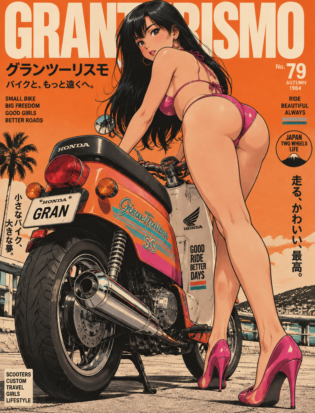 A stylized retro motorcycle poster features an adult anim...