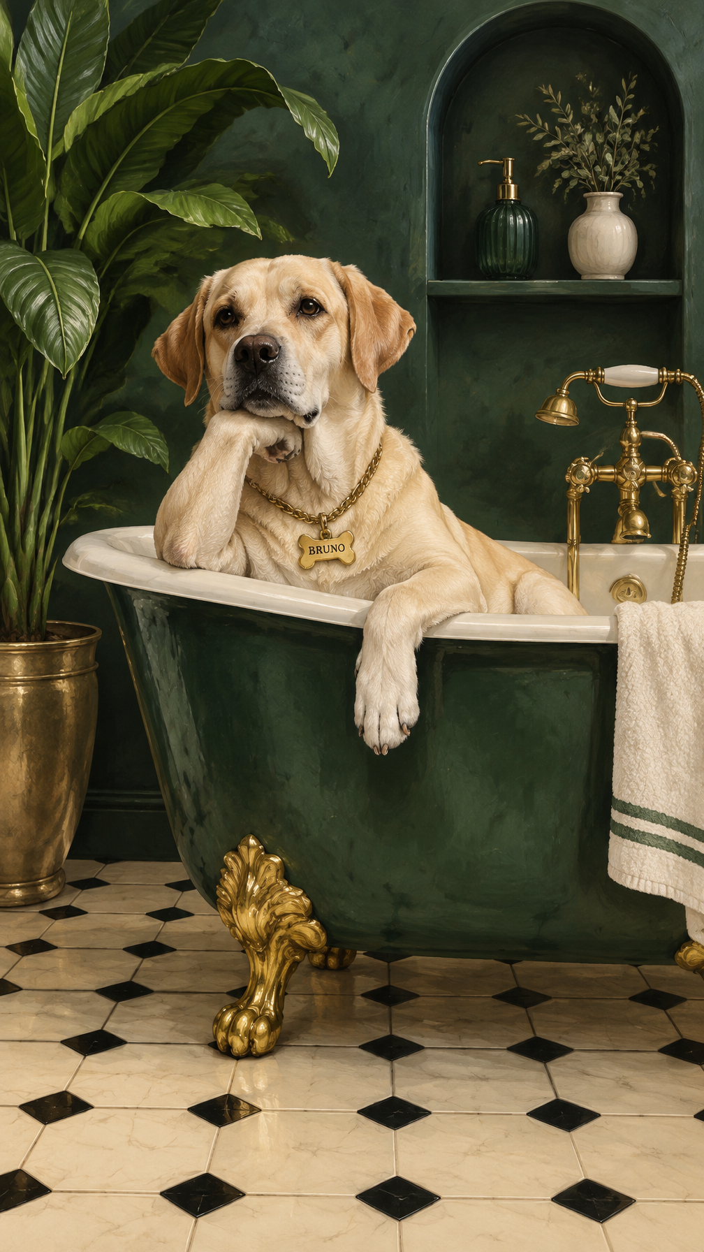 a stylized painting of a labrador dog inside a vintage gr...