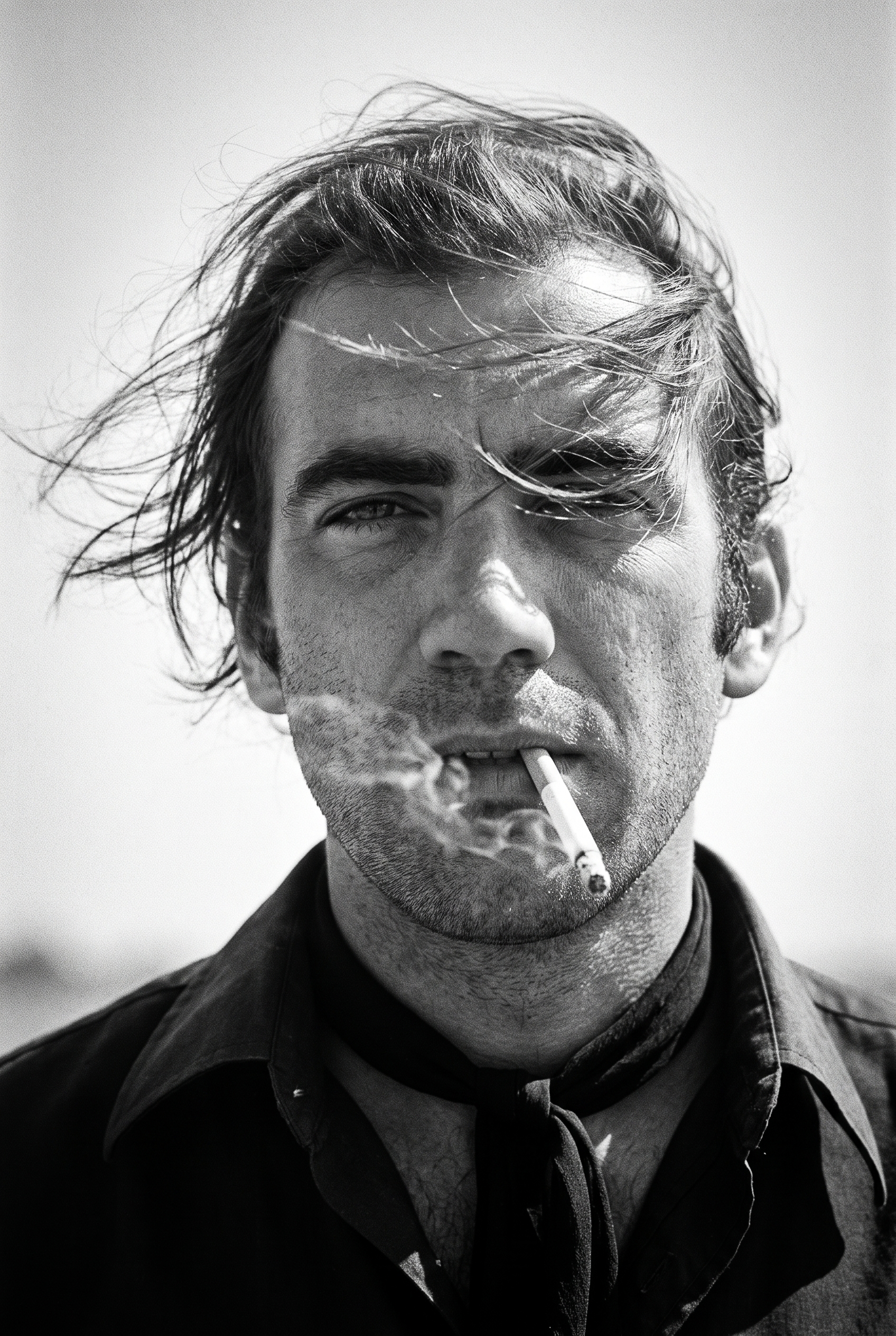 Create a 1970s black-and-white close-up portrait in a win...
