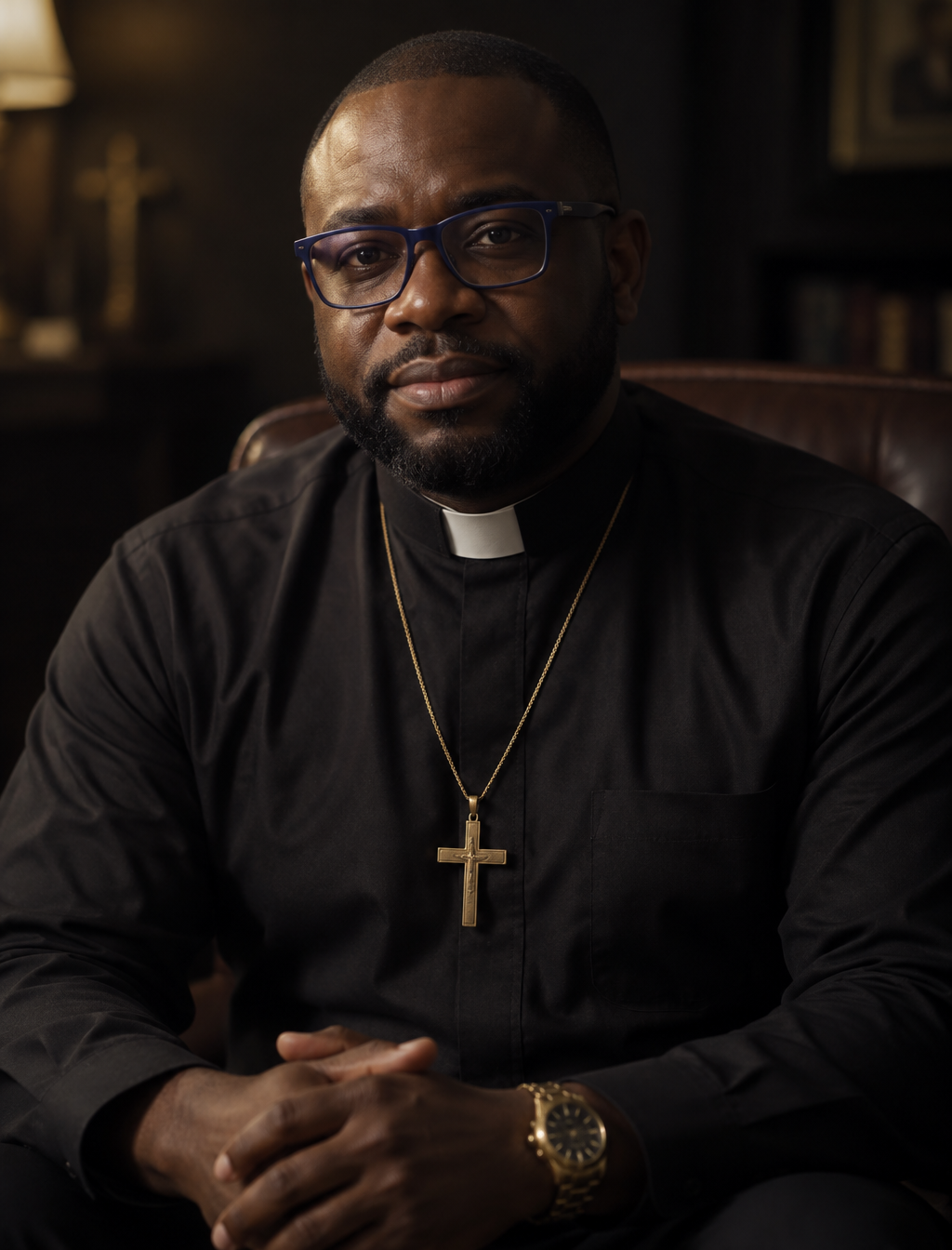 A Black male priest sits facing the camera in a composed ...