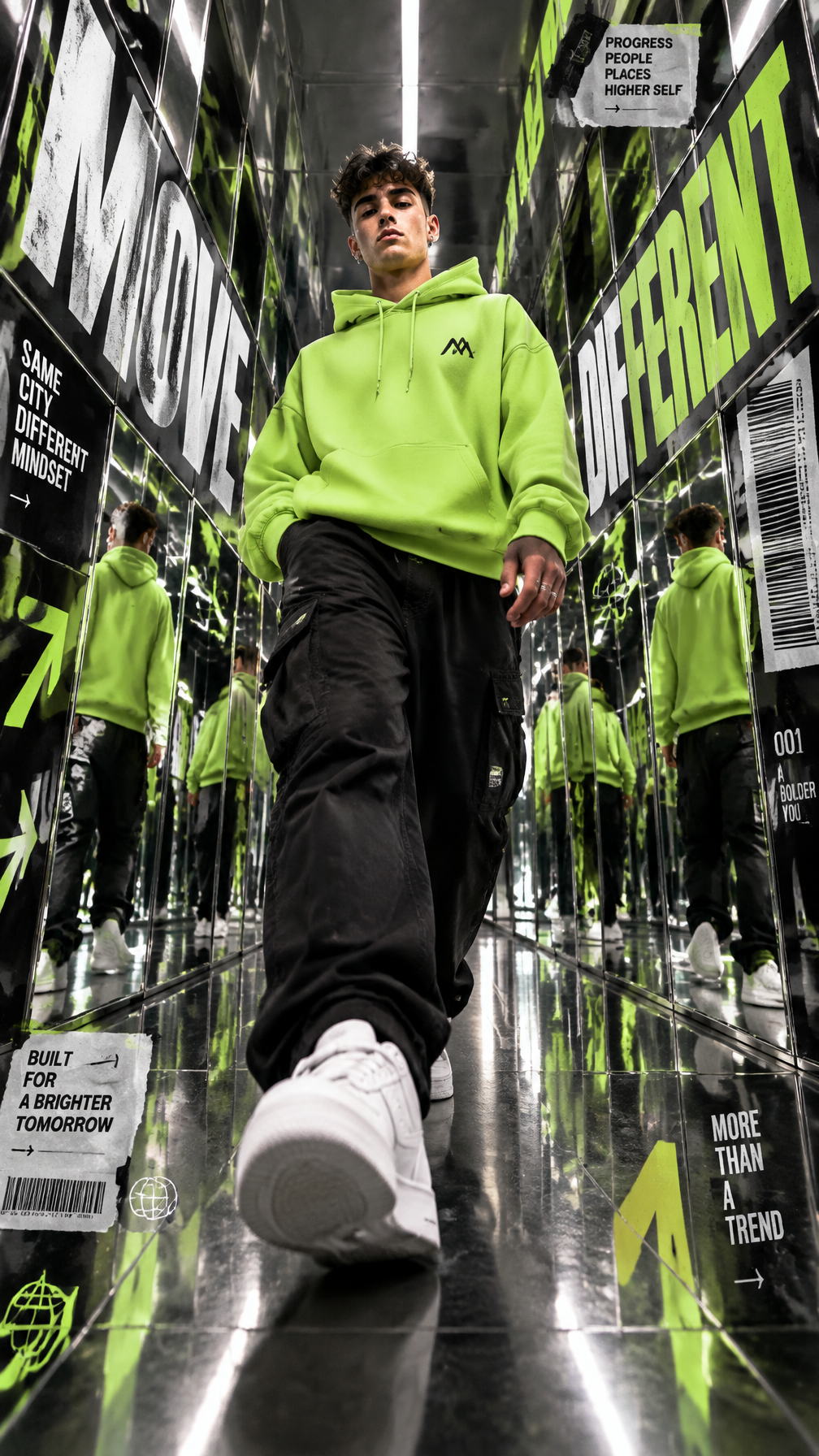 A premium 9:16 streetwear editorial advertising poster.Ma...