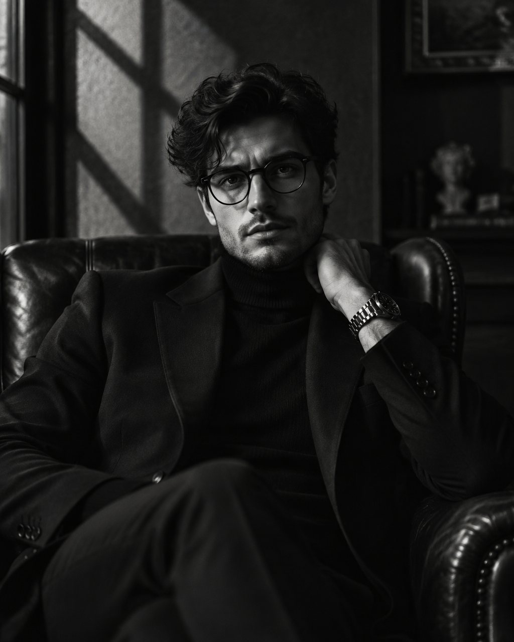 Ultra-realistic cinematic black-and-white portrait of a h...