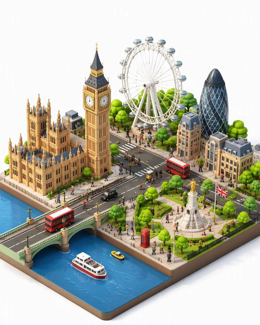 Present a clear, side-facing isometric miniature 3D carto...