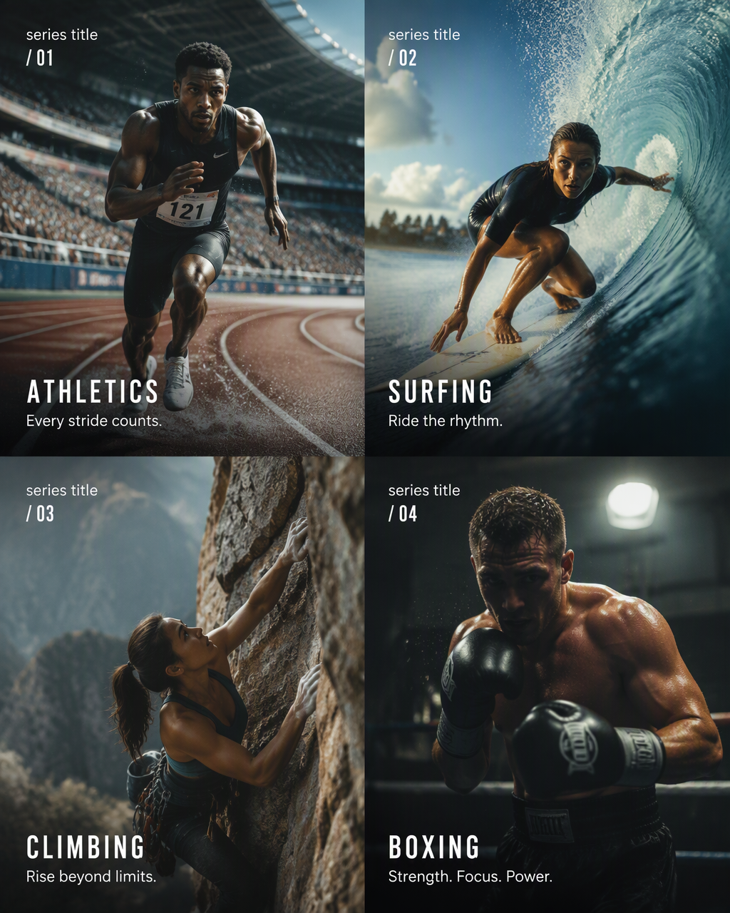Create a 4-panel vertical poster series titled "[SERIES T...