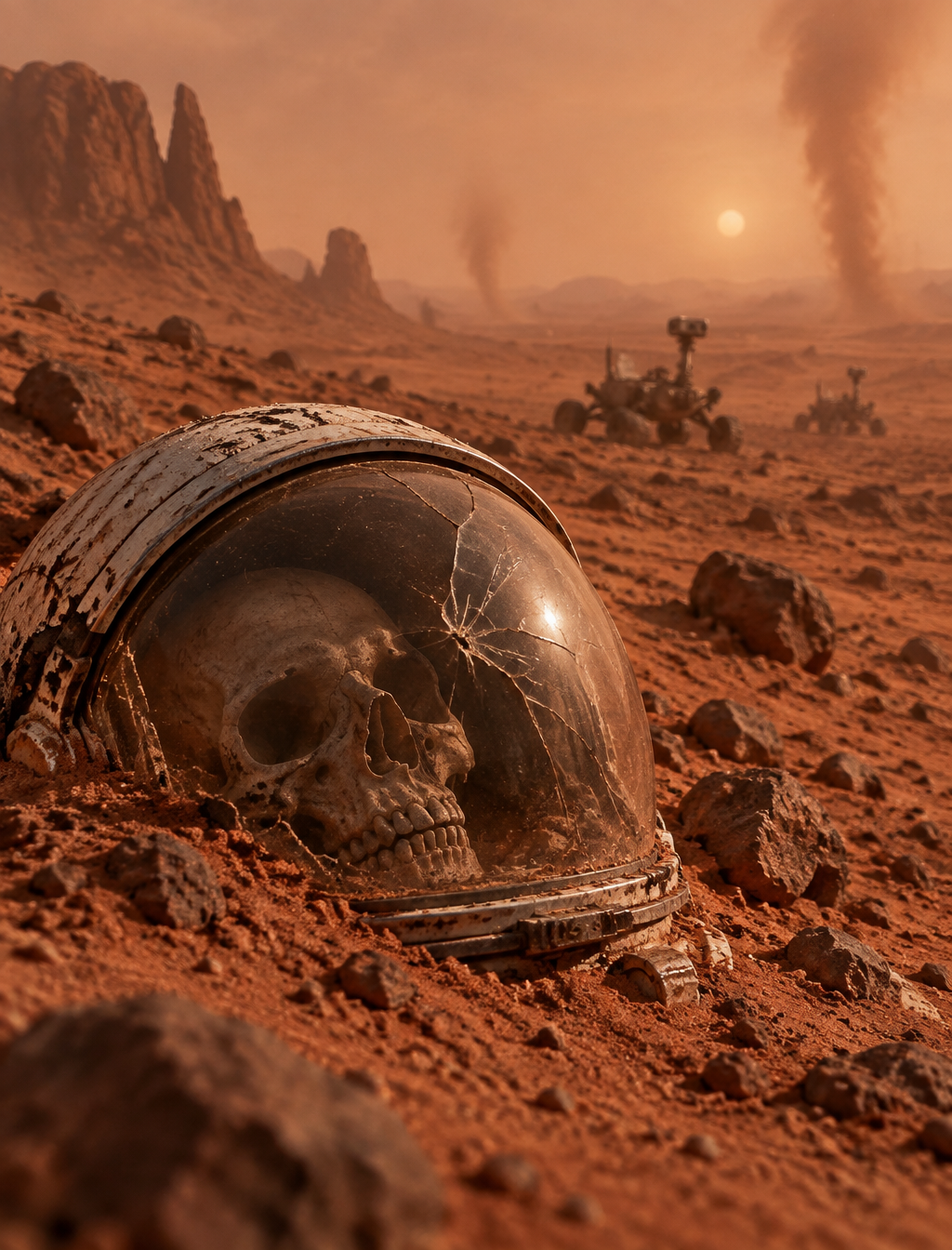 A photograph depicts a desolate Martian landscape with a ...