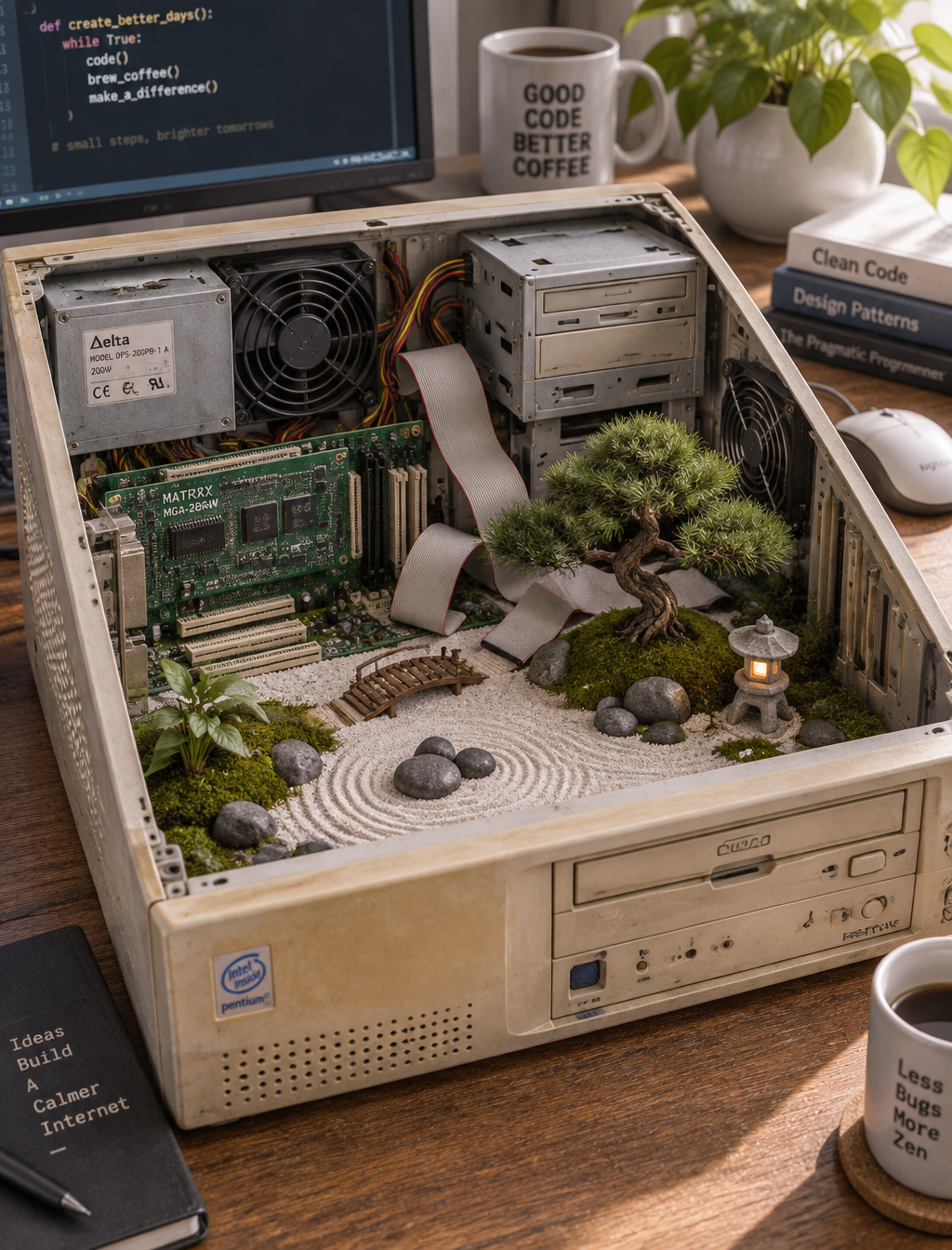 A retro beige desktop computer case sits open on a wooden...