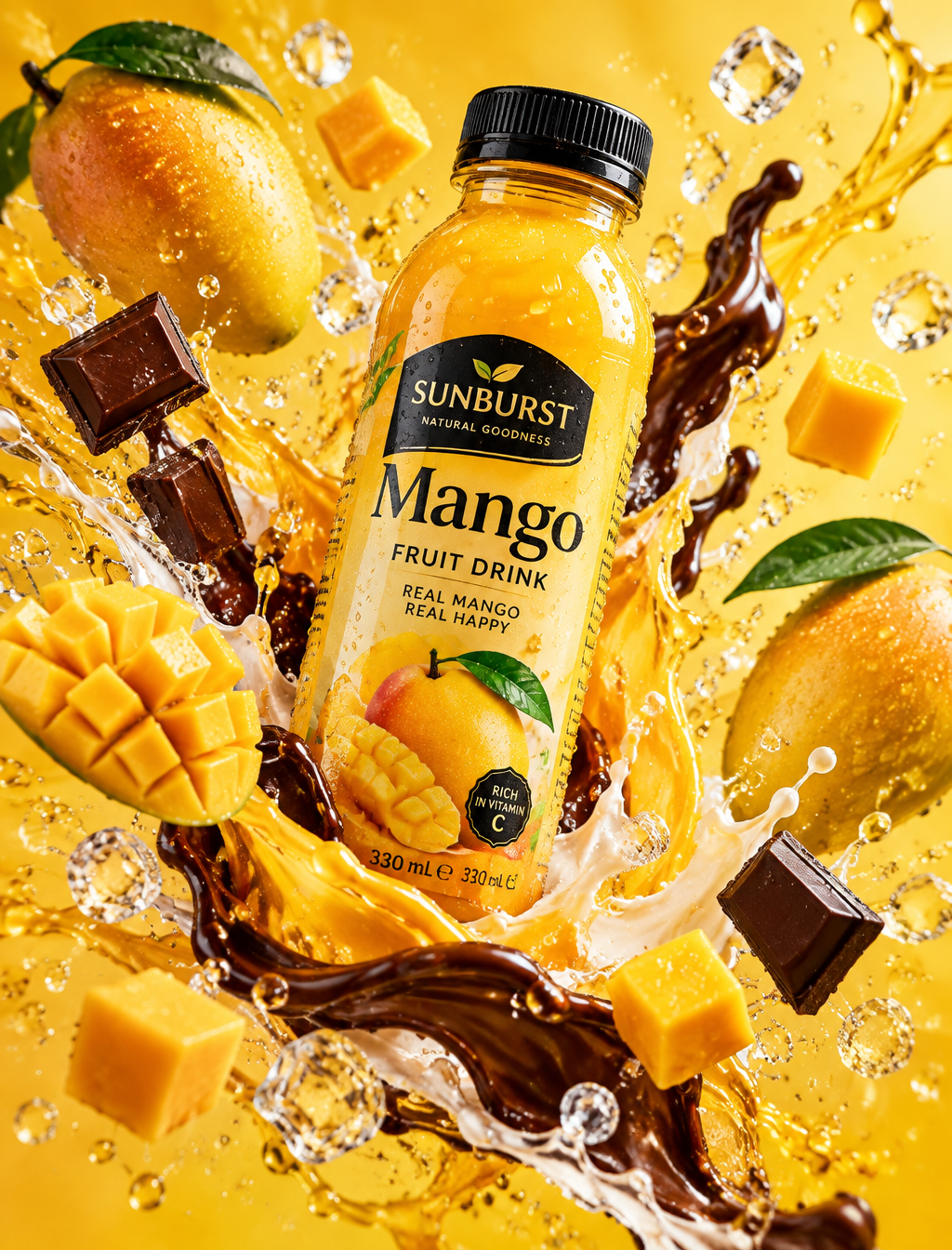 Premium mango juice drink bottle surrounded by swirling w...