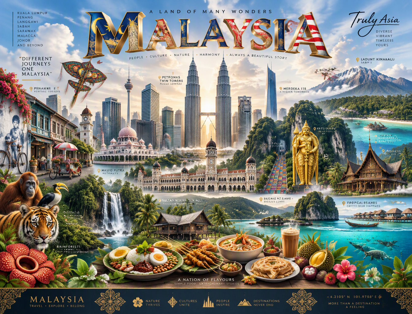 Ultra-premium cinematic 3D travel poster for MALAYSIA, br...