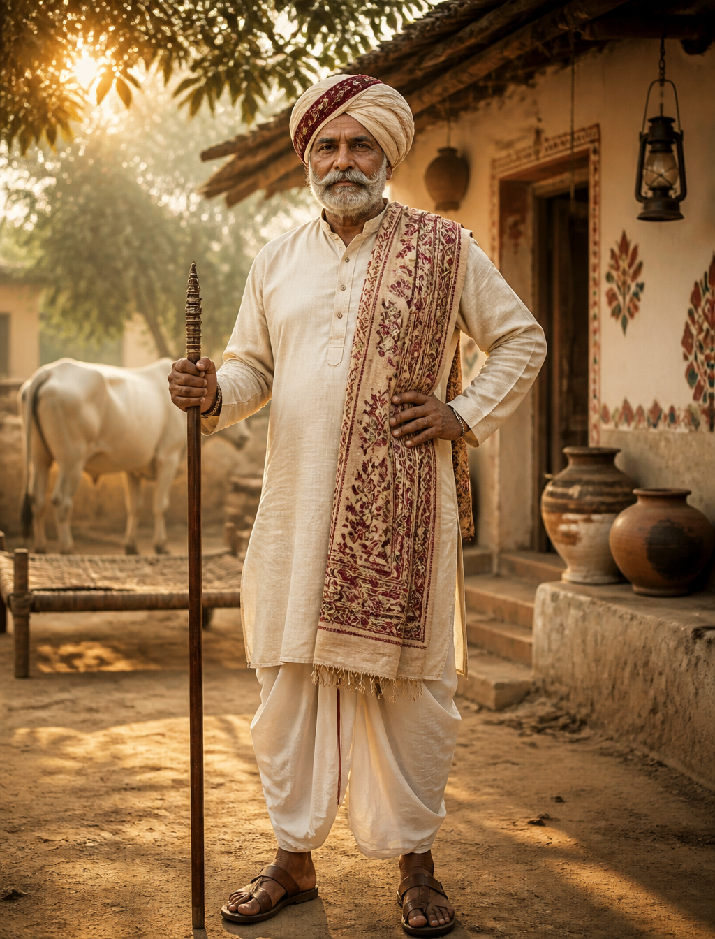 A dignified Indian villager stands full-length in a sunli...