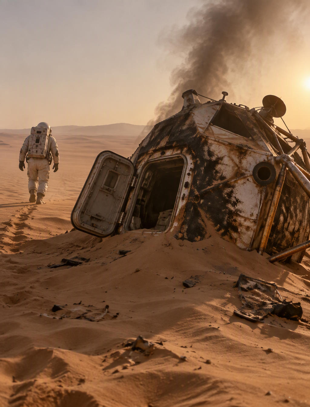 un astronauta en el desierto, el modulo lunar enterrado e...